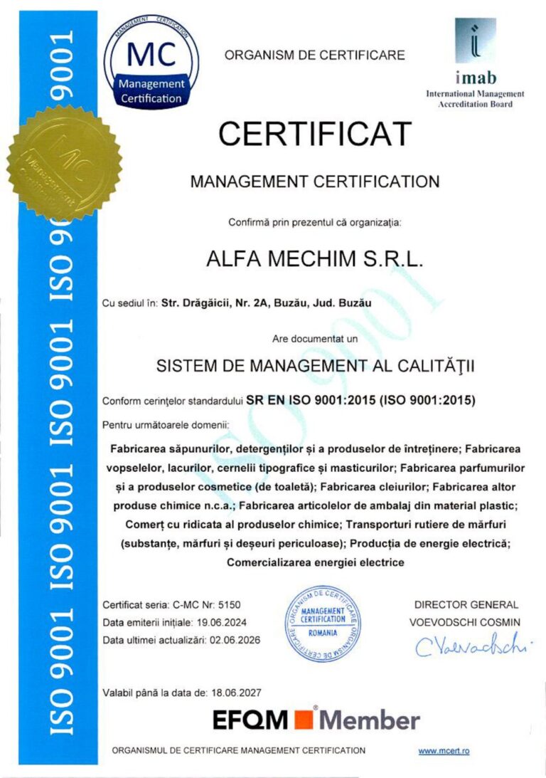 Certificat ISO 9001:2015 ALFA MECHIM S.R.L., seria C-MC nr. 5150, emis de Management Certification